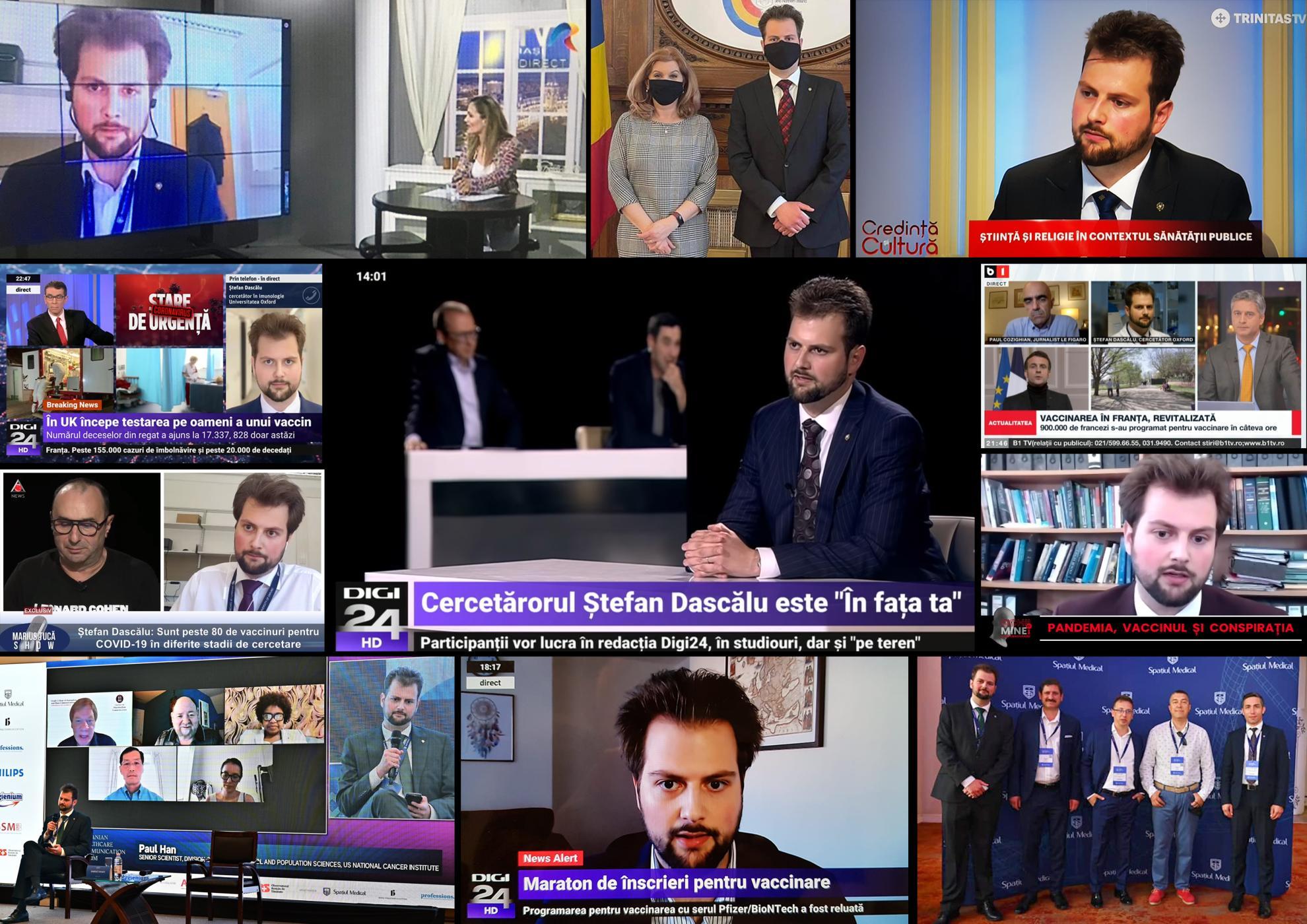 Collage of Stefan Dascalu in news studios and on television broadcasts